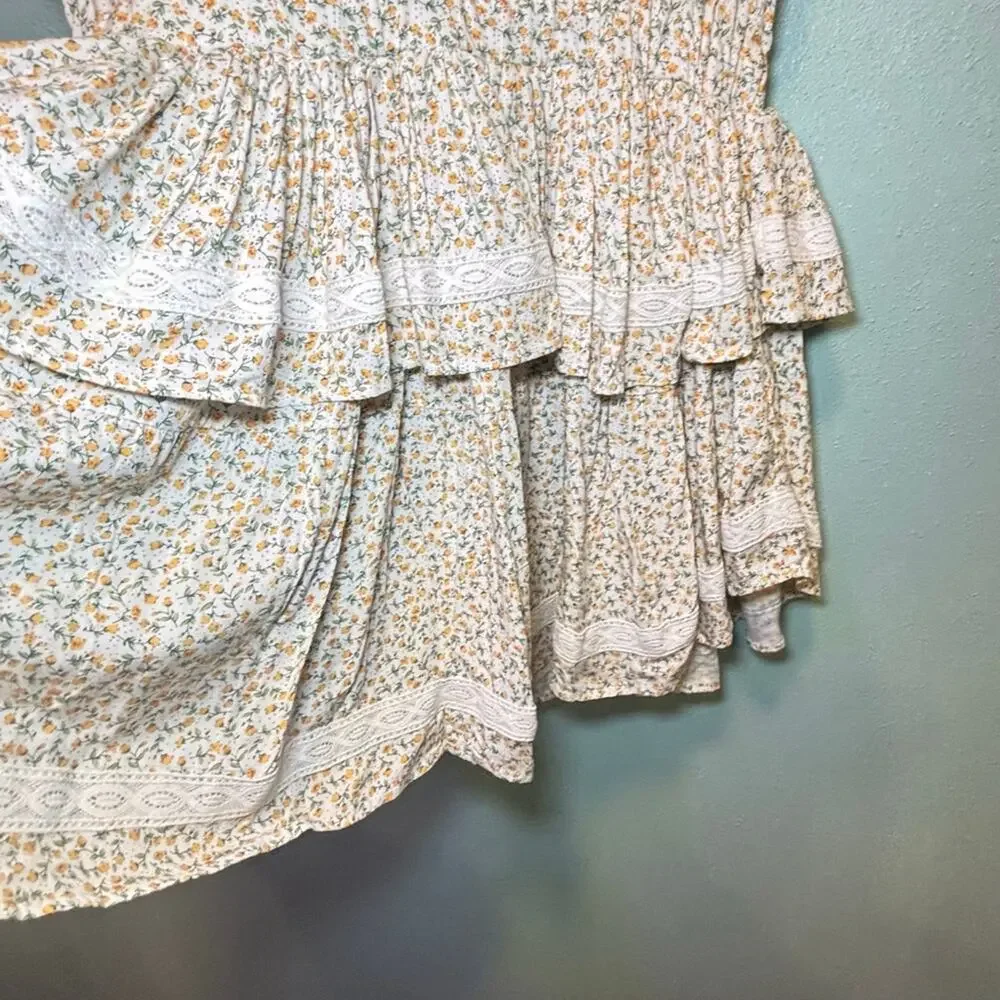 Women's Sokoe Collective White Yellow Floral Ruffle Cottagecore Prairie Dress M - Picture 2 of 11